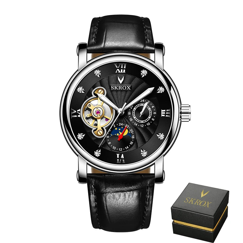 Luksuriøst mekanisk armbåndsur til mænd med automatisk urværk fra et førende mærke, udstyret med tourbillon, månefase og diamanter – et elegant armbåndsur.
