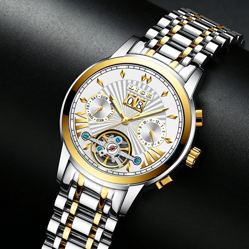 LIGE automatische mechanische polshorloges voor heren – Luxe horloge uit het topsegment met tourbillon, elegant en waterdicht model, ideaal voor op het werk of formele gelegenheden.