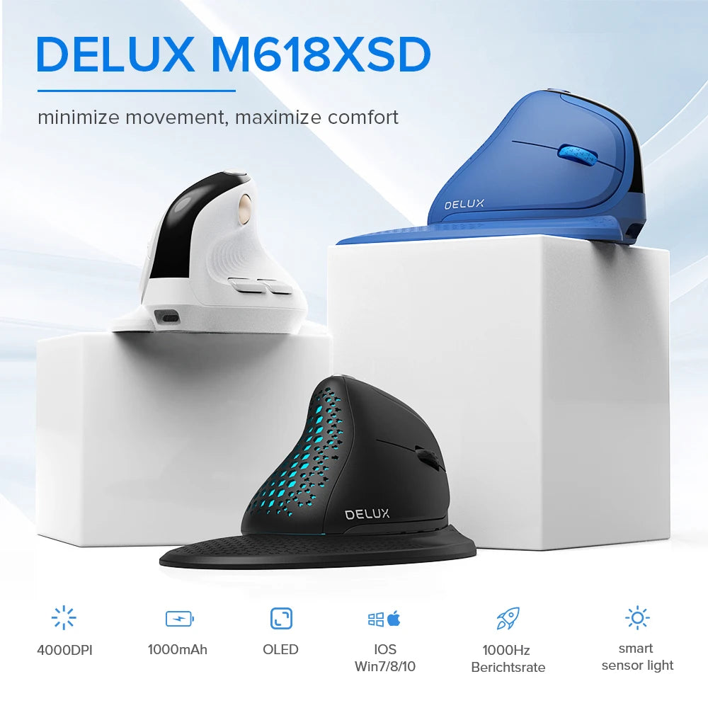DELUX M618XSD Ergonomic Vertical Mouse with OLED Screen, 4000 DPI, Rechargeable 1000mAh Battery, Wireless & Wired Computer Mouse