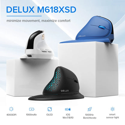 DELUX M618XSD Ergonomic Vertical Mouse with OLED Screen, 4000 DPI, Rechargeable 1000mAh Battery, Wireless & Wired Computer Mouse