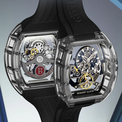 BONEST GATTI New Fully Automatic Men Watch Skeleton Mechanical Watch Rubber Black Band Luminous Barrel Shaped Men Watch