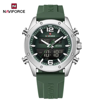 NAVIFORCE Men Quartz LCD Dual Display Watch With Silicone Strap 3ATM Waterproof Shockproof Night Light Round Case Sport Casual