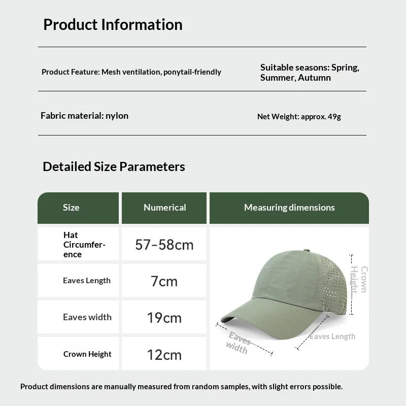 1pc Quick Drying Tongue Baseball Caps for Women Summer Protection Breathable Mesh Breathable Cap Stylish Adjustable Ponytail Hat