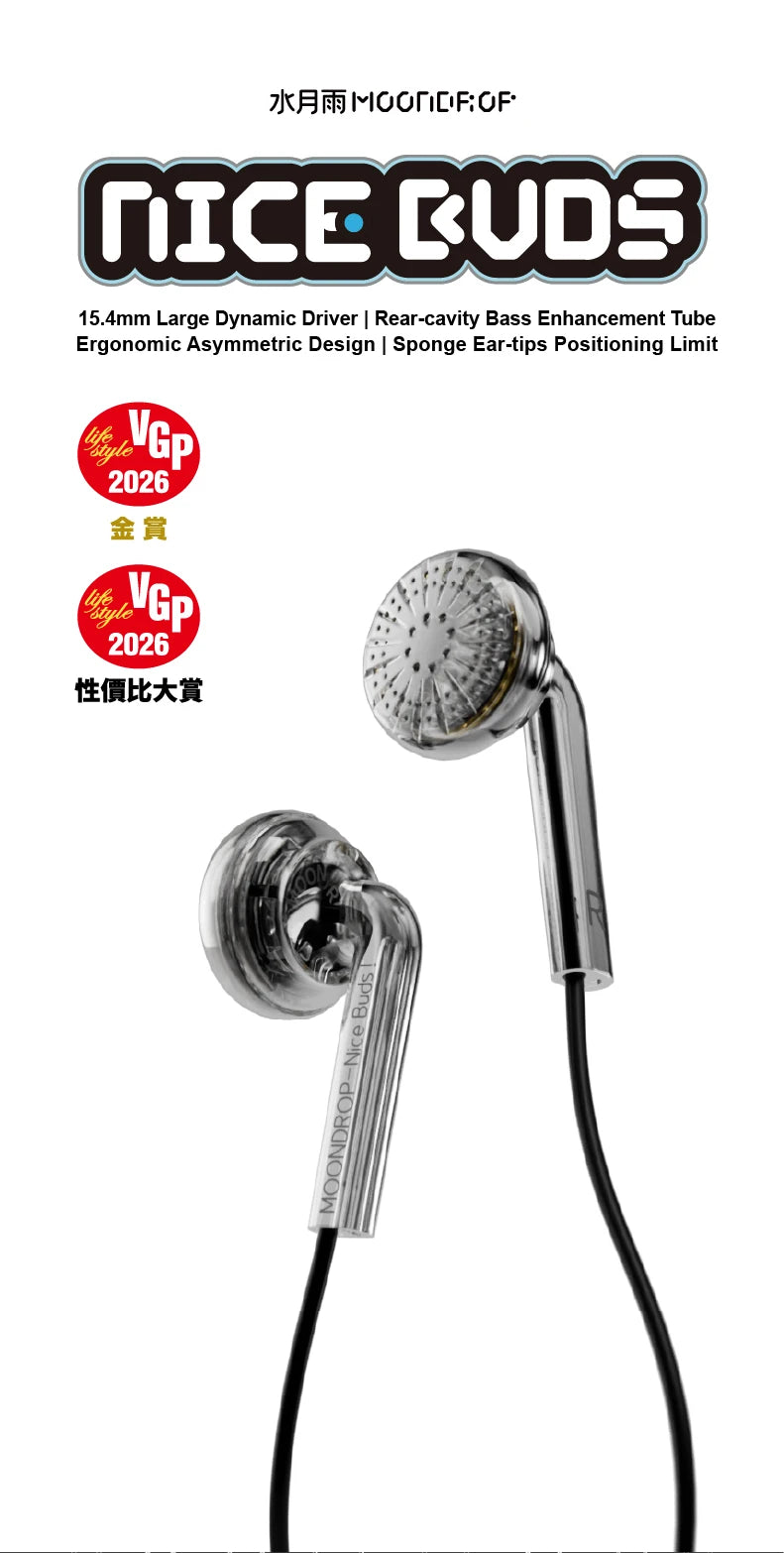 MOONDROP NICE BUDS Wired Earbuds with 15.4mm Large Dynamic Driver, HiFi Flat Head Earphones, High Resolution Sound, Comfortable Wired Music Earbuds