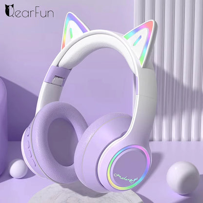 RGB Cat Ear Bluetooth Headphones Wireless Kids Headset with Microphone, Gradient LED Light Gaming Headphones, Stereo Music Bluetooth 5.3 Earphones for Girls