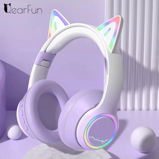 RGB Cat Ear Bluetooth Headphones Wireless Kids Headset with Microphone, Gradient LED Light Gaming Headphones, Stereo Music Bluetooth 5.3 Earphones for Girls