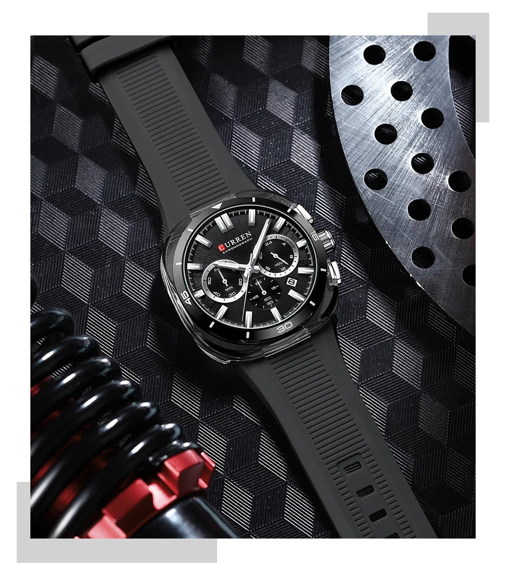 Orologio da uomo CURREN – Nuovo modello di lusso al quarzo, cinturino in silicone, stile sportivo, multifunzione, impermeabile, luminescente, con datario e cronometro.