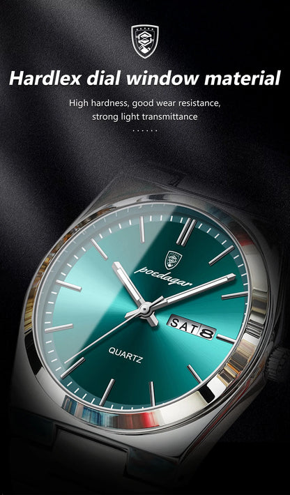 POEDAGAR Fashion Men Watch Waterproof Luminous Date Week Men's Watches Stainless Steel Functional Man Quartz Watch with Gift Box