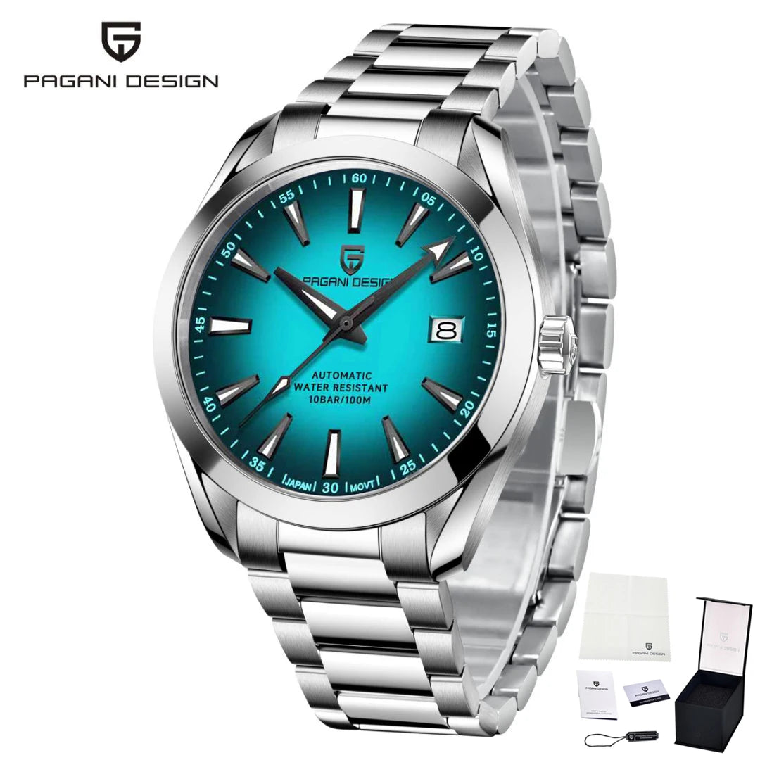 PAGANI DESIGN luxury men’s watch – Mechanical automatic model (calibre 8215), stainless steel, water-resistant, with date display and luminescent hands