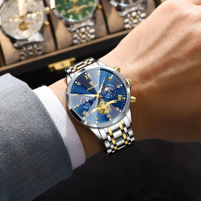 Original luksus herreur fra POEDAGAR, vandtæt, selvlysende kronograf, armbåndsur i rustfrit stål med kvartsværk, eksklusive herreur