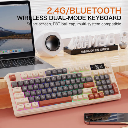 Tastiera wireless Bluetooth M96 FREEWOLF con display digitale, retroilluminazione RGB, batteria da 2000mAh e keycap PBT per PC/laptop