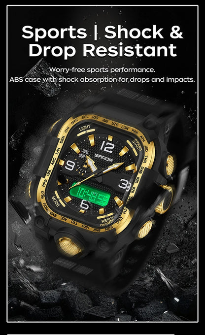 SANDA 6310 Men's Electronic Watch Multifunctional Luminous Alarm Clock Calendar Stopwatch Dual Display Digital Watches for Man