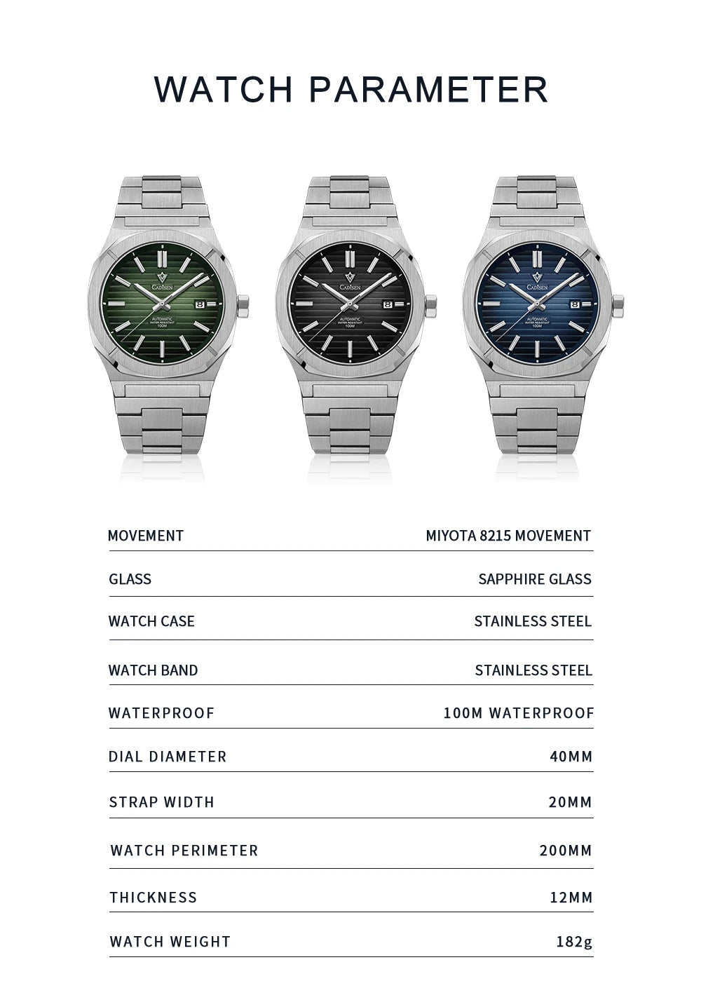 CADISEN Watch for Men Luxury Automatic Men Miyota 8215 Movement Sapphire Crystal 42mm Dial 100m Waterproof  Wristwatches C8200