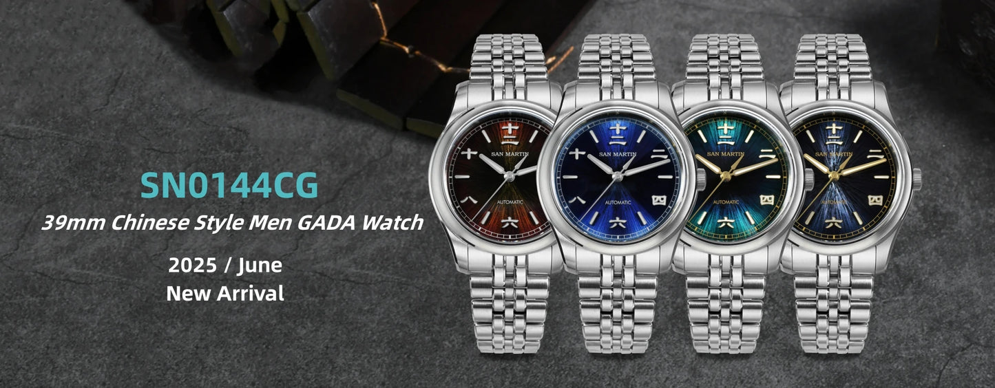 San Martin 39mm Miyota 90S5 Enamel Dial GADA Wristwatch Automatic Mechanical Sapphire BGW-X1 10Bar 5-Link Bracelet  SN0144CG-7