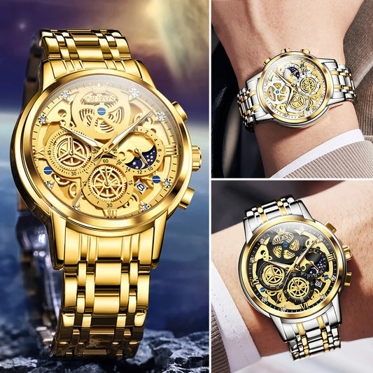Muški sat OLEVS – luksuzni model, vodootporan, kvarcni, skeletni stil, prikaz 24 sata (dan/noć), zlatna boja