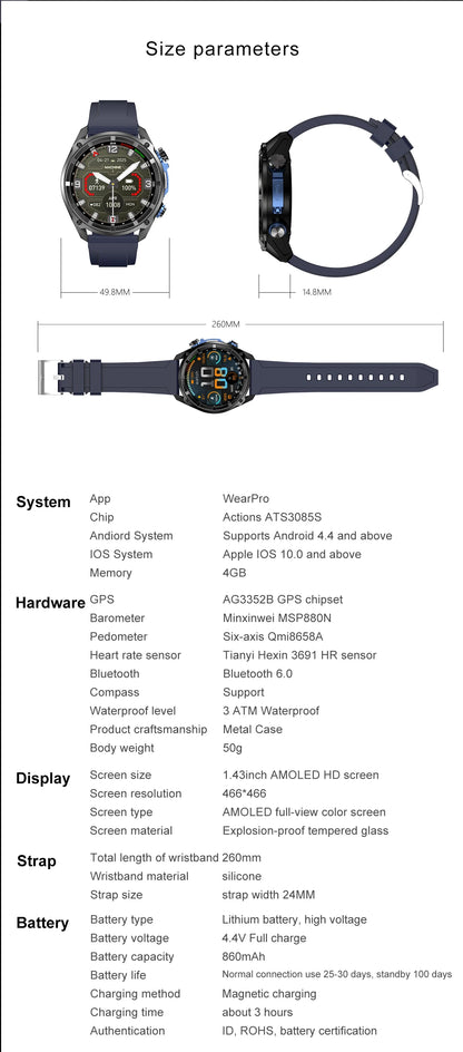 New Outdoor Precise GPS Map GNSS Smart Watch Men 10TM Waterproof 1000mAh Battery 170+Sport Mode Bluetooth Call AMOlED Smartwatch