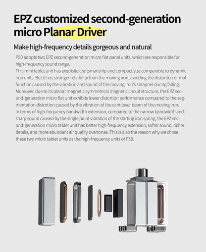 EPZ P50 Hybrid Driver HiFi IEM Earphones 1DD+2BA+2 Planar Drivers with 3.5mm/4.4mm Replaceable Plug & Silver-Plated Cable
