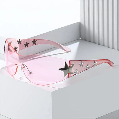Rimless Y2K Sunglasses Women Men Punk Goggle Trendy Shield Sun Glasses UV400 3D Five Star Rhinestones Eyewear 2024
