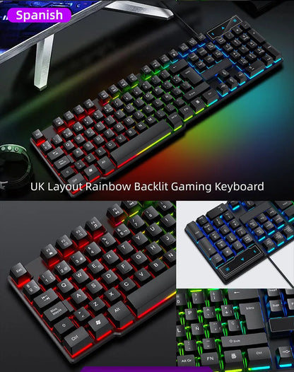 T20 Wired Keyboard Computer Accessories Russian Spanish Keyboard USB Game RGB Backlit Mechanical Touch Keycap Standard 104 Keys