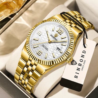 Luxus-Quarz-Armbanduhr von BINBOND, beleuchtet, wasserdicht, mit automatischem Datumsanzeige, für Herren, aus Edelstahl, im Business-, Sport-, Mode- und Freizeit-Stil.