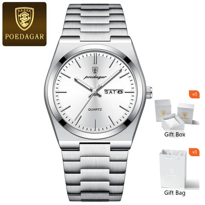 POEDAGAR Fashion Men Watch Waterproof Luminous Date Week Men's Watches Stainless Steel Functional Man Quartz Watch with Gift Box