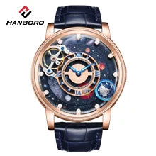 Orologio meccanico da uomo HANBORO – Movimento automatico, sveglia, suoneria oraria, impermeabile fino a 100 m, vetro zaffiro, cassa in acciaio, stile elegante e unico.