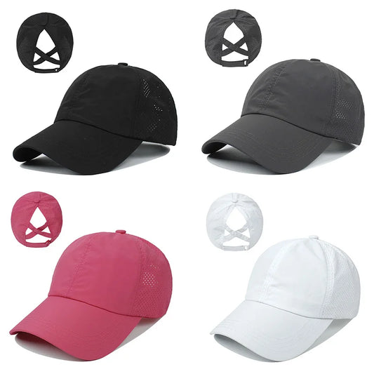 Women Summer Baseball Cap Solid Color Cross Ponytail Hat Quick-Drying Half-Hollow Men Caps Golf Wear Sport Leisure Hat 6 Colors