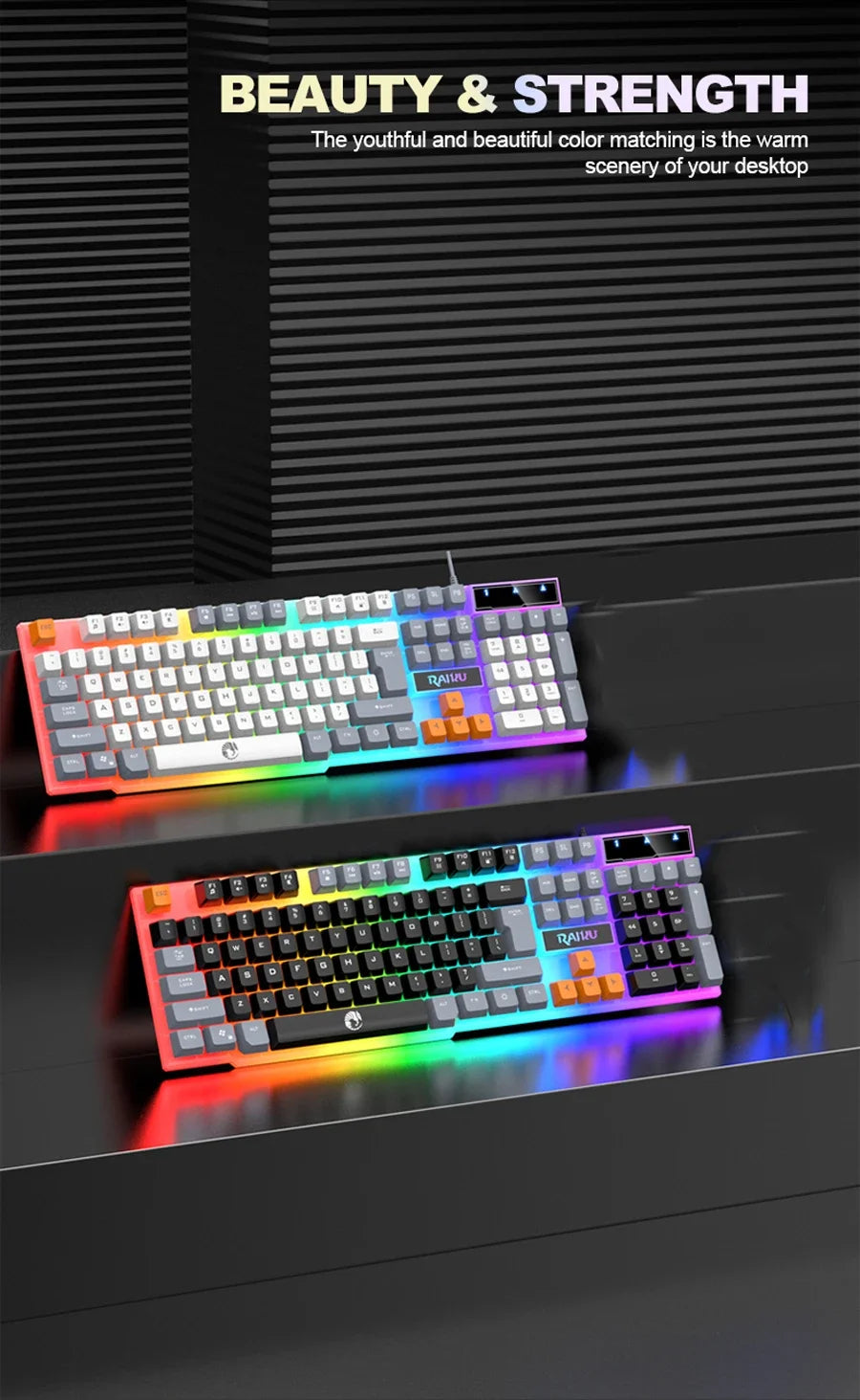 RAIKU T26 Wired Gaming Keyboard, 104-Key RGB Backlit USB Gaming Keyboard, Ergonomic Wired Gaming Keyboard for PC, Laptop & Office