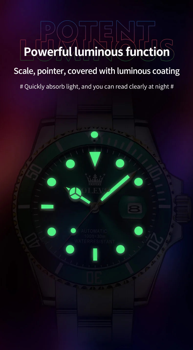 OLEVS Watches Man Fashion Luxury Automatic Mechanical Watch Waterproof Luminous Date Men's Watch Waterproof Luminous Box Gift