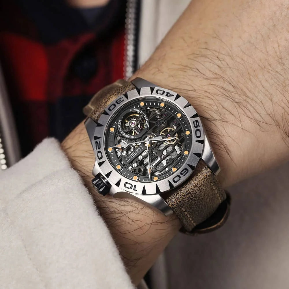 Boderry Urban Men's Titanium Watches Top Brand Fashion Skeleton Automatic Mechanical Waterproof Watch Hi-beat 72H Power-reserve