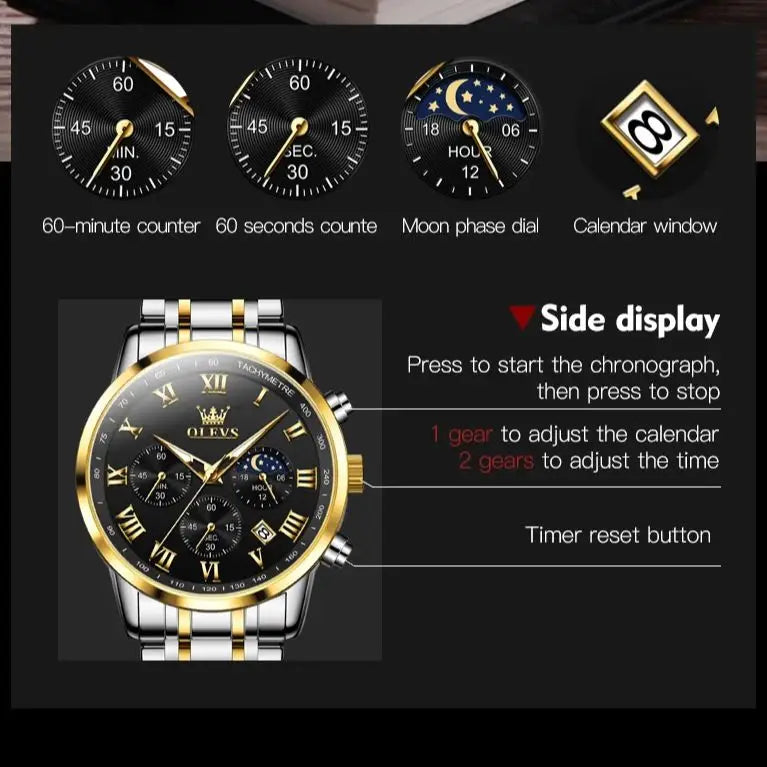 OLEVS 5529 Top-Luxusmarke Herrenuhr wasserdicht leuchtend Edelstahl Mondphase Timing Code Uhr neue Quarz-Herrenuhr