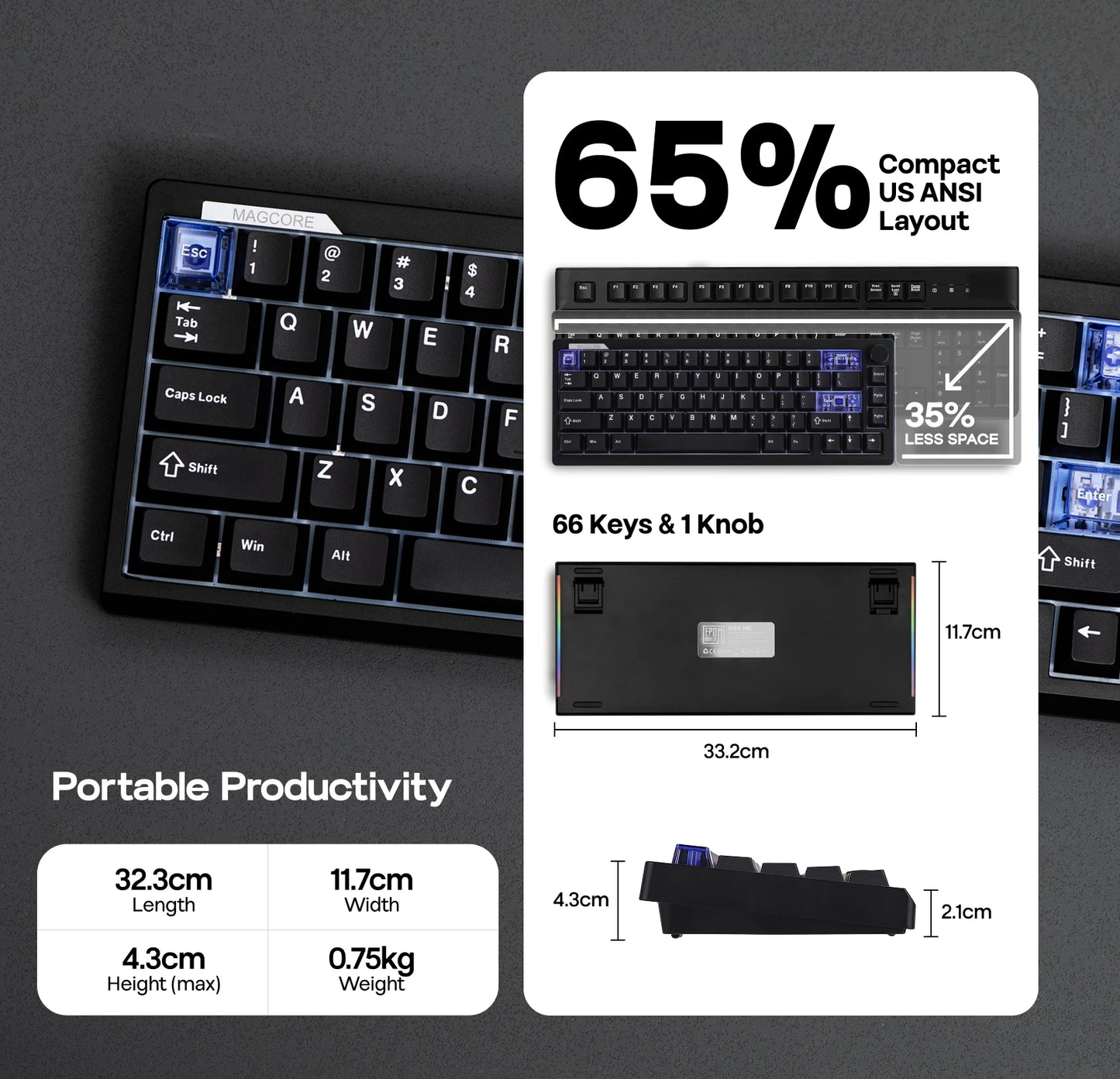 EPOMAKER Magcore65 Lite 65% US QWERTY Layout Wired/BT/2.4Ghz Wireless Mechanical Gaming Keyboard 8K Polling Analog Switch