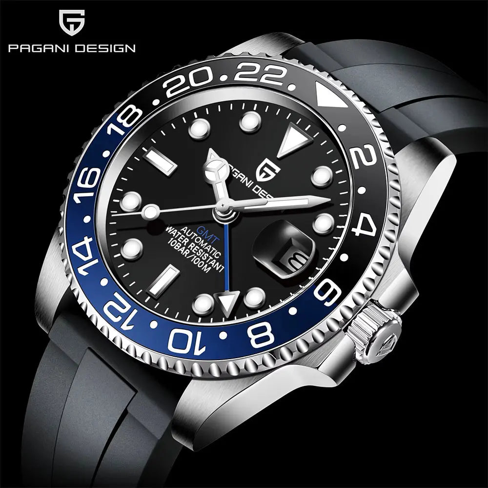 PAGANI DESIGN 40mm GMT Men's Mechanical Watches Rubber Strap Rotating Bezel 100 Waterproof Sports Wristwatch Mens Business Clock