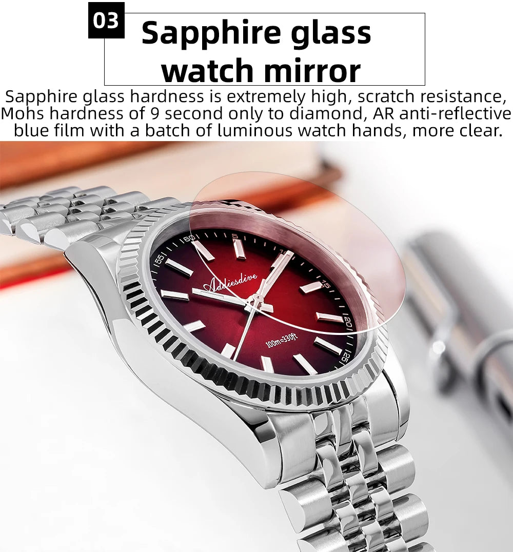 ADDIESDIVE New Men's Watch AD2073 Sapphire Glass 36mm VH31 Sunburst Quartz Watches 10Bar Waterproof Diving Luminous Wristwatch