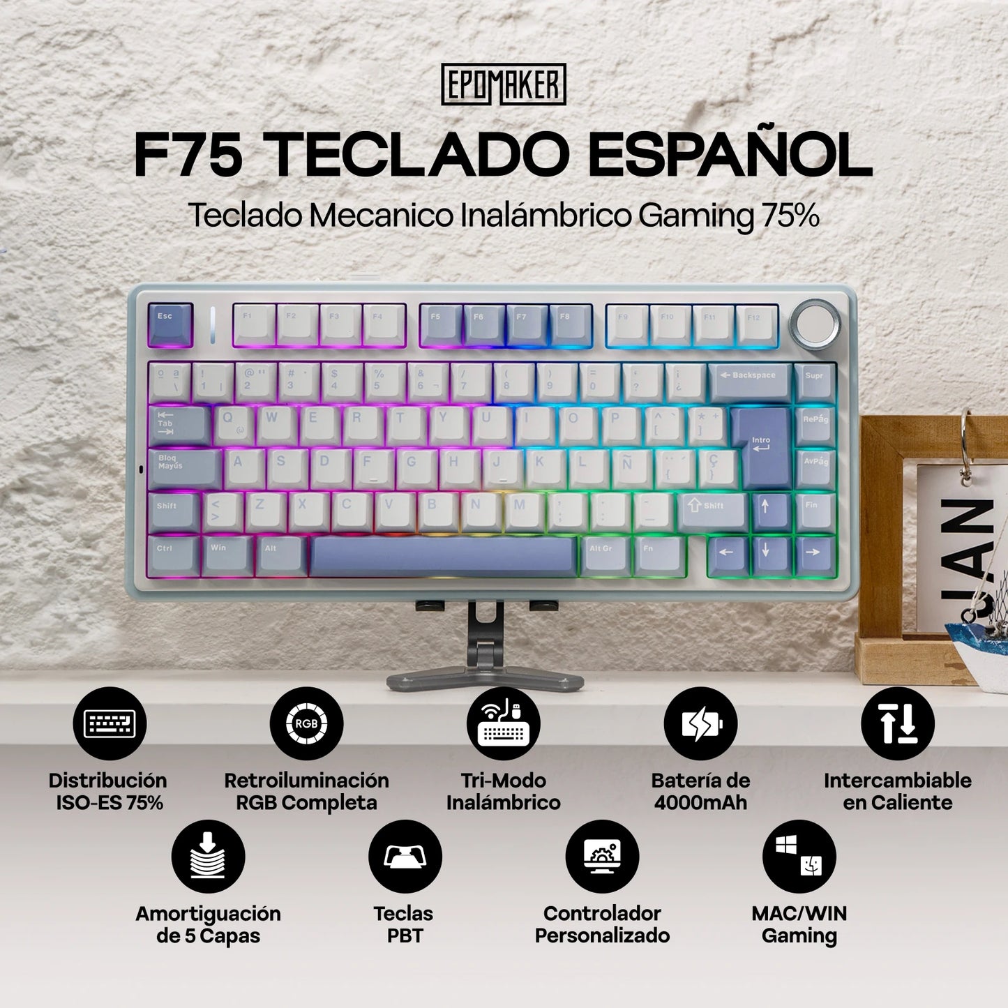 EPOMAKER AULA F75 ISO-ES 75% QWERTY español, teclado mecánico gaming inalámbrico con cable/Bluetooth/2.4GHz, hot-swap, montaje gasket y retroiluminación RGB