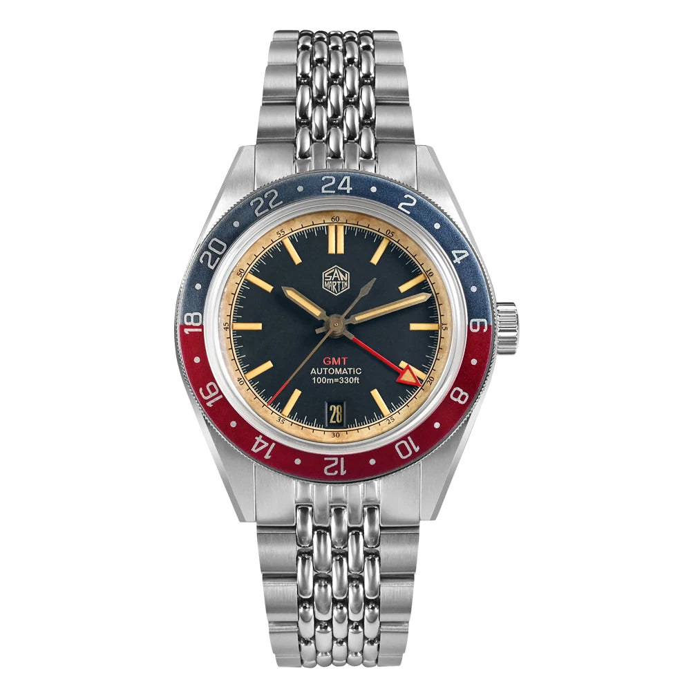 Relógio Automático Masculino San Martin 39.5mm Edição Limitada com Mostrador Full Lume NH34 GMT 6H Data 10Bar Luxo Kol Saati SN0116W