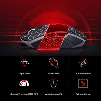 A4TECH A70 Bloody Light Strike Gaming Mouse, 6200 DPI Wired Gaming Mouse with 6 Sniper Modes, Optical Gaming Mouse for FPS & Esports