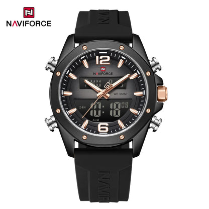 NAVIFORCE Men Quartz LCD Dual Display Watch With Silicone Strap 3ATM Waterproof Shockproof Night Light Round Case Sport Casual