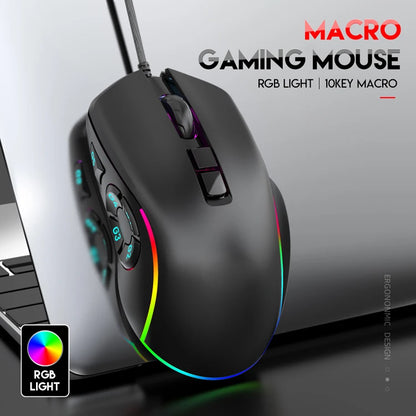 Vezetékes gamer irodai egér 7200DPI RGB háttérvilágítással, 6 állítható DPI-szinttel/10 programozható gombbal/asztalra visszalépő gombbal