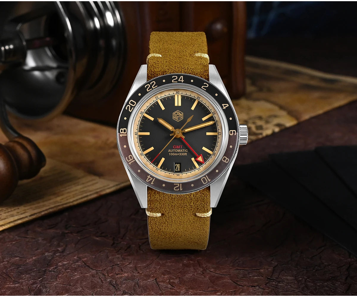 Relógio Automático Masculino San Martin 39.5mm Edição Limitada com Mostrador Full Lume NH34 GMT 6H Data 10Bar Luxo Kol Saati SN0116W