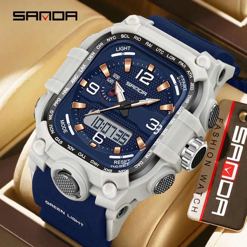 SANDA 6310 Men's Electronic Watch Multifunctional Luminous Alarm Clock Calendar Stopwatch Dual Display Digital Watches for Man