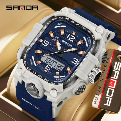 SANDA 6310 Men's Electronic Watch Multifunctional Luminous Alarm Clock Calendar Stopwatch Dual Display Digital Watches for Man