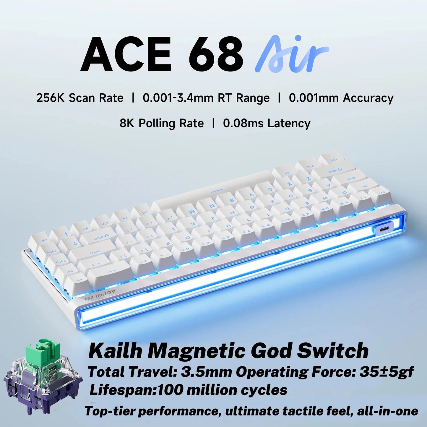 Mchose Ace68 Air Gaming Keyboard Hall Effect 0.001mm Rapid Trigger 8K+256K Polling Rate Dynamic RGB Light Box Magnetic