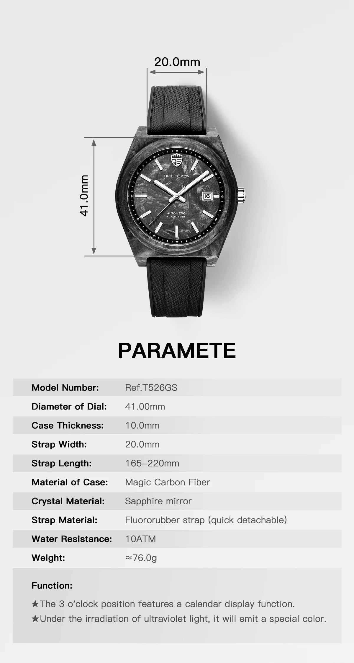 TIME TOKEN  Limited Edition 41mm Luminous Magic Carbon Fiber Men's Automatic Mechanical Watches Calendar Miyota8215 Movement