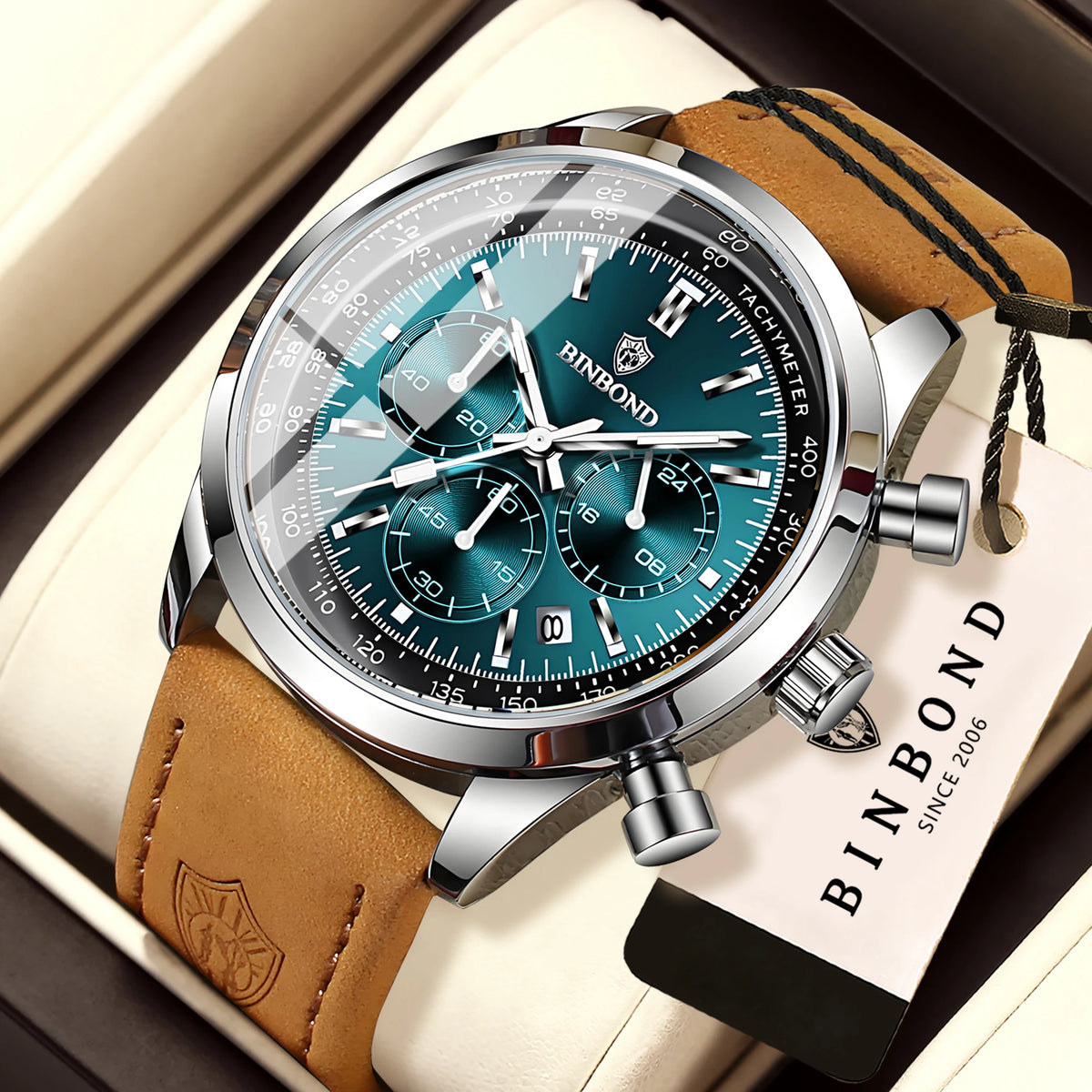 Robust and accurate BINBOND quartz chronograph watch for men, luxury, with automatic date, luminous hands and water-resistant, casual style.