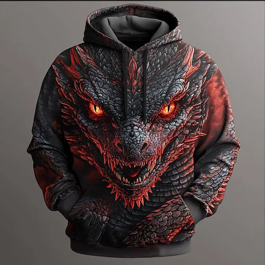 Мъжки 3D суитшърт с качулка Dragon — модерен и впечатляващ ежедневен модел с дълъг ръкав и обло деколте за партита, празници и streetwear визии, есенно-зимно горнище за анцуг