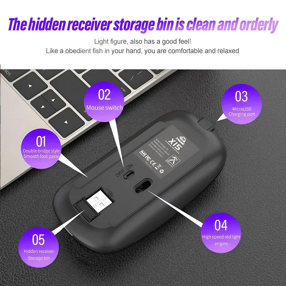 Безжична презареждаема мишка с два режима, съвместима с Bluetooth, 2.4G USB компютърна мишка за лаптоп, iPad, таблет и Notebook, геймърска мишка