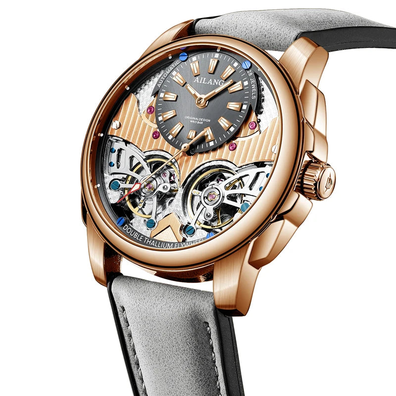 AILANG Automatic Mechanical Waterproof Sport Military Men Watch Luxury Double Tourbillon Man Wristwatch Leather Strap