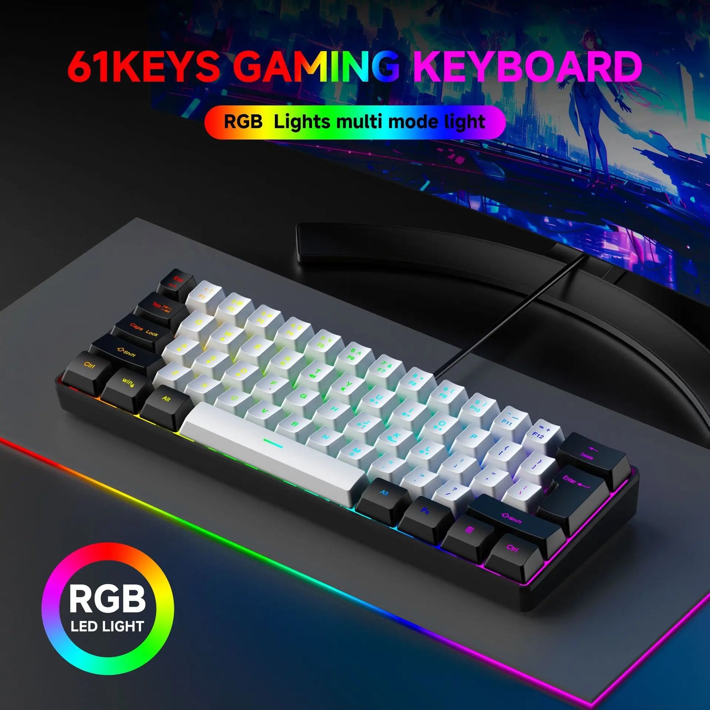 USB Wired RGB Gaming Keyboard 61 Keys White Black Compact Mini Office Keyboard and Mouse for PC Desktop Computer Gamer Keypad
