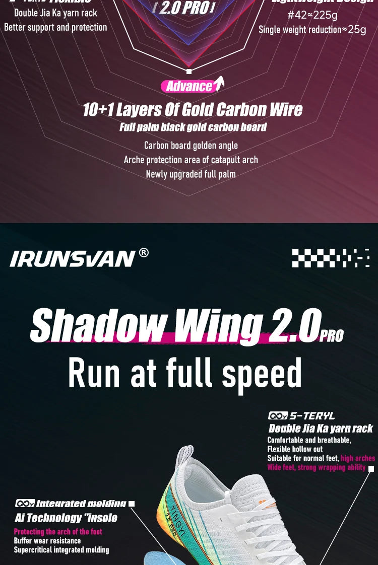 2025 IRUNSVAN SHADOW WING 2.0 PRO Marathon Air Cushion Sports Running Shoes Carbon Plate Trail Running Shoes Lightweight Sneaker